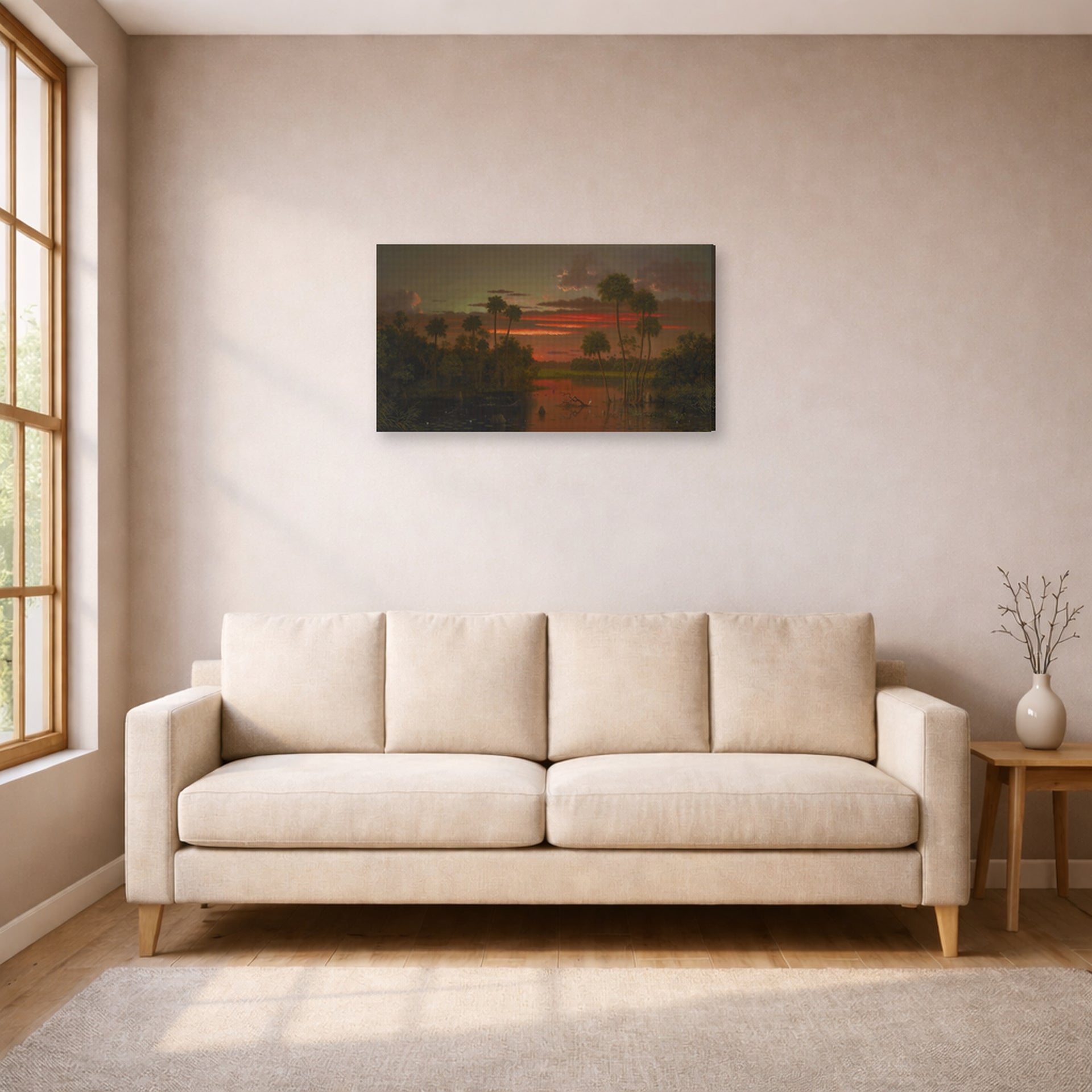 Gallery-wrapped canvas print of Martin Johnson Heade's 'The Great Florida Sunset' displayed on a wall in a living room