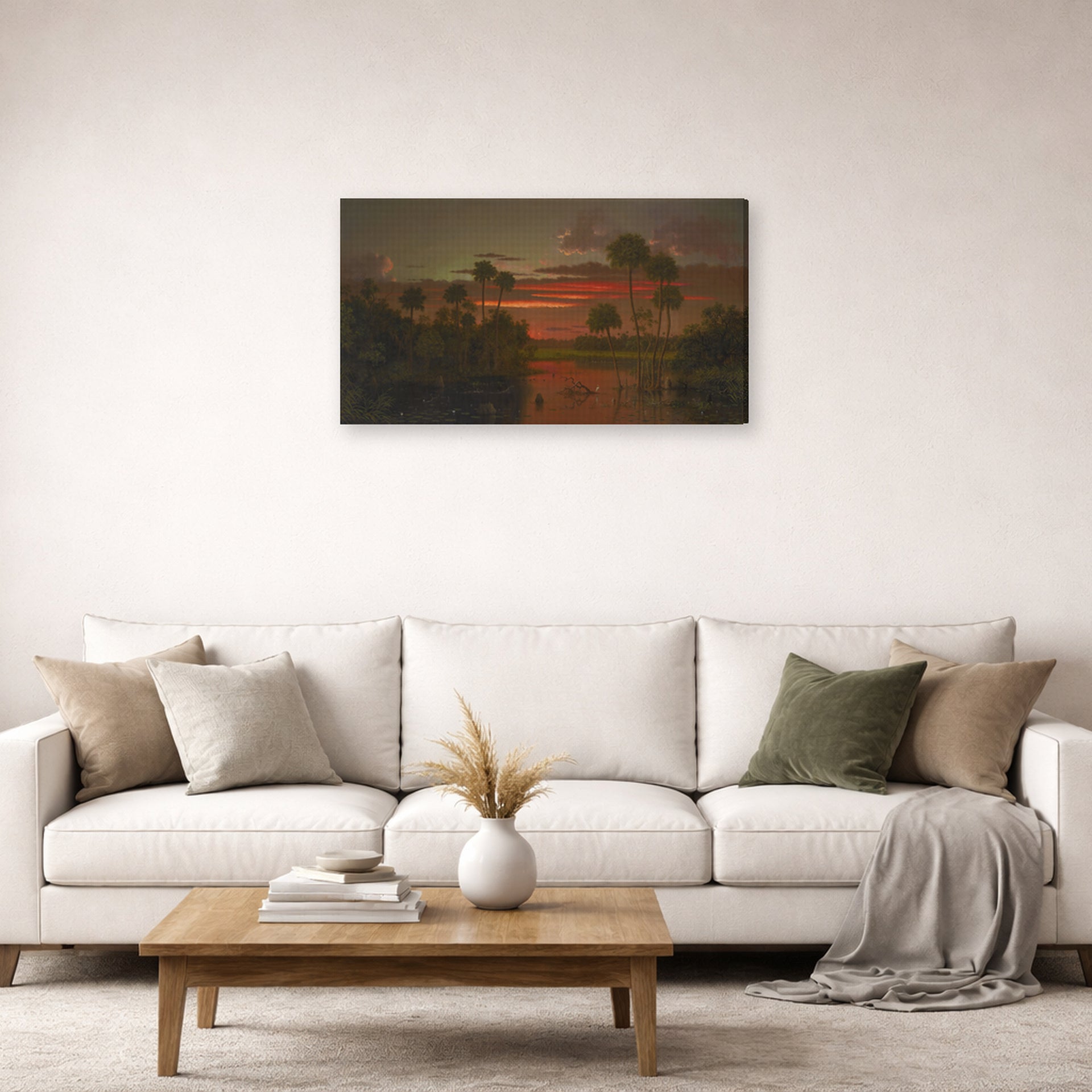 Gallery-wrapped canvas print of Martin Johnson Heade's 'The Great Florida Sunset' displayed on a wall in a living room