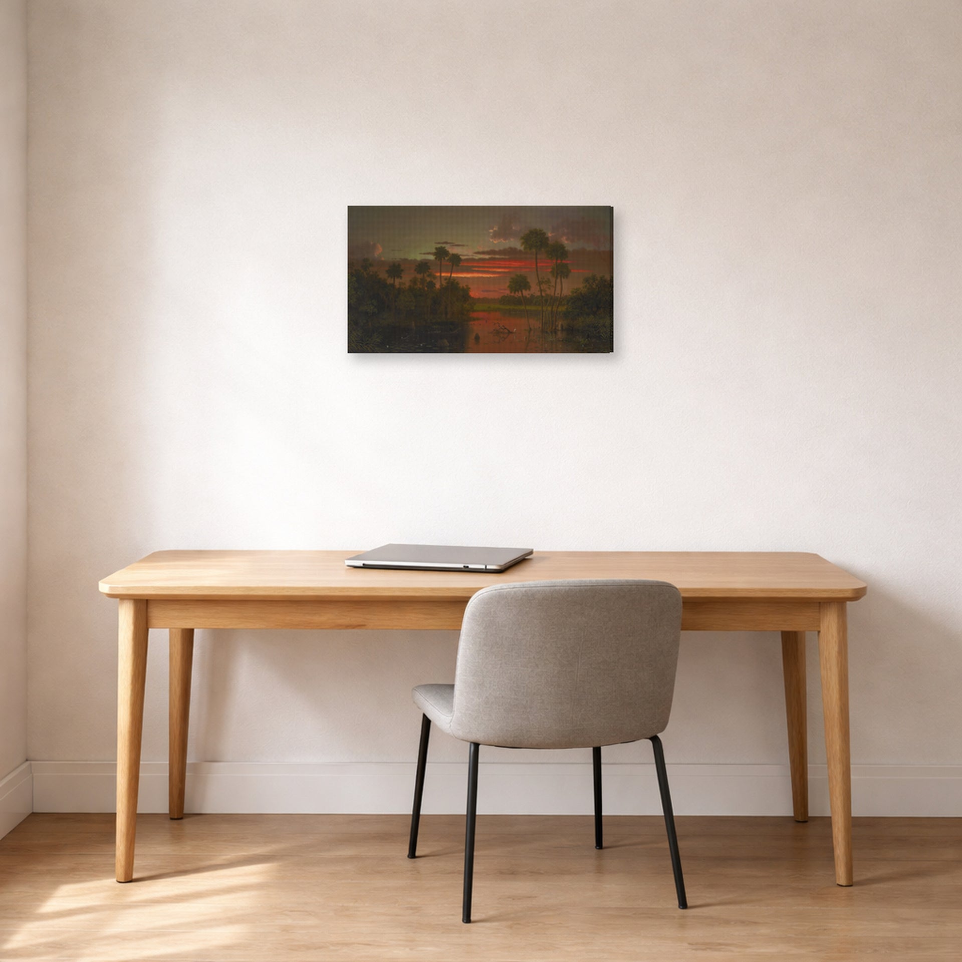 Gallery-wrapped canvas print of Martin Johnson Heade's 'The Great Florida Sunset' displayed on a wall in a office
