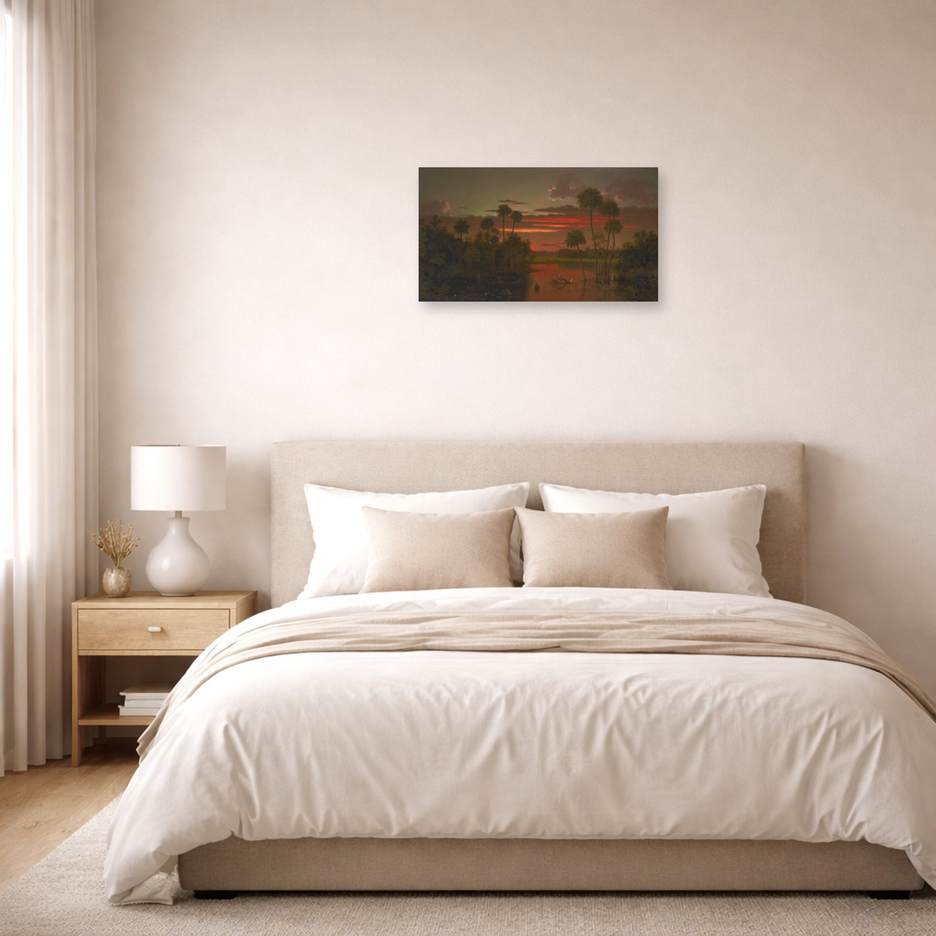 Unframed poster print of Martin Johnson Heade's 'The Great Florida Sunset' displayed on a wall in a bedroom