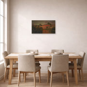 Unframed poster print of Martin Johnson Heade's 'The Great Florida Sunset' displayed on a wall in a dining room