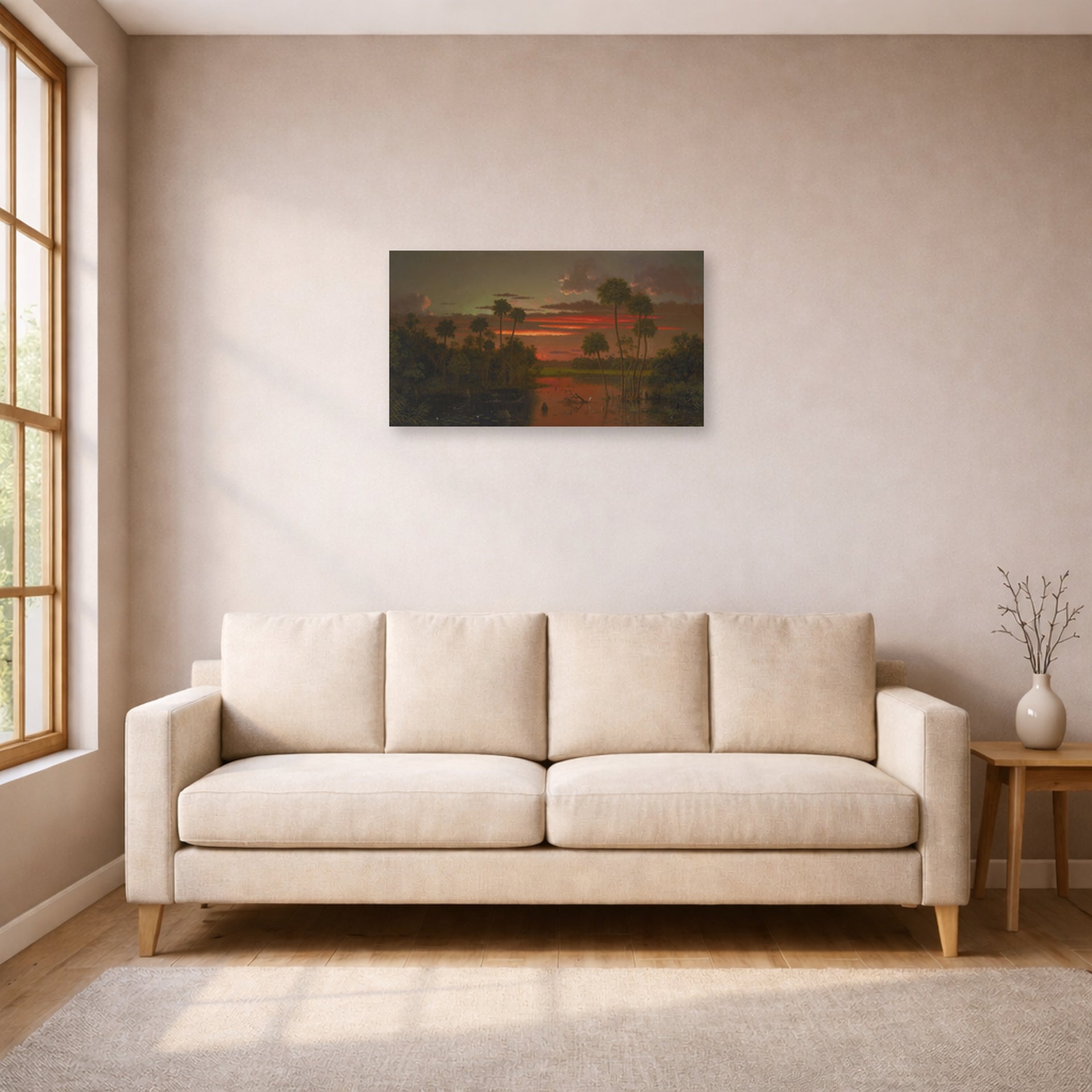 Unframed poster print of Martin Johnson Heade's 'The Great Florida Sunset' displayed on a wall in a living room