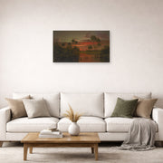 Unframed poster print of Martin Johnson Heade's 'The Great Florida Sunset' displayed on a wall in a living room