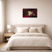 Gallery-wrapped canvas print of Martin Johnson Heade's 'The Magnolia Blossom' displayed on a wall in a bedroom