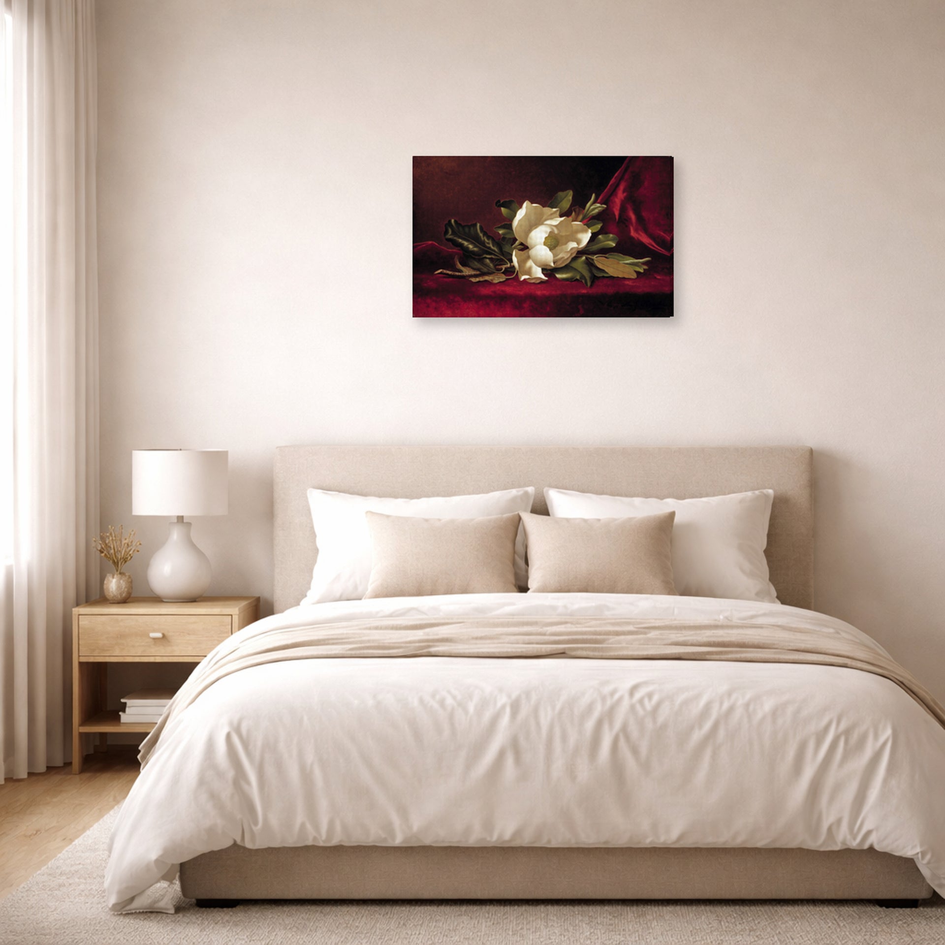 Gallery-wrapped canvas print of Martin Johnson Heade's 'The Magnolia Blossom' displayed on a wall in a bedroom