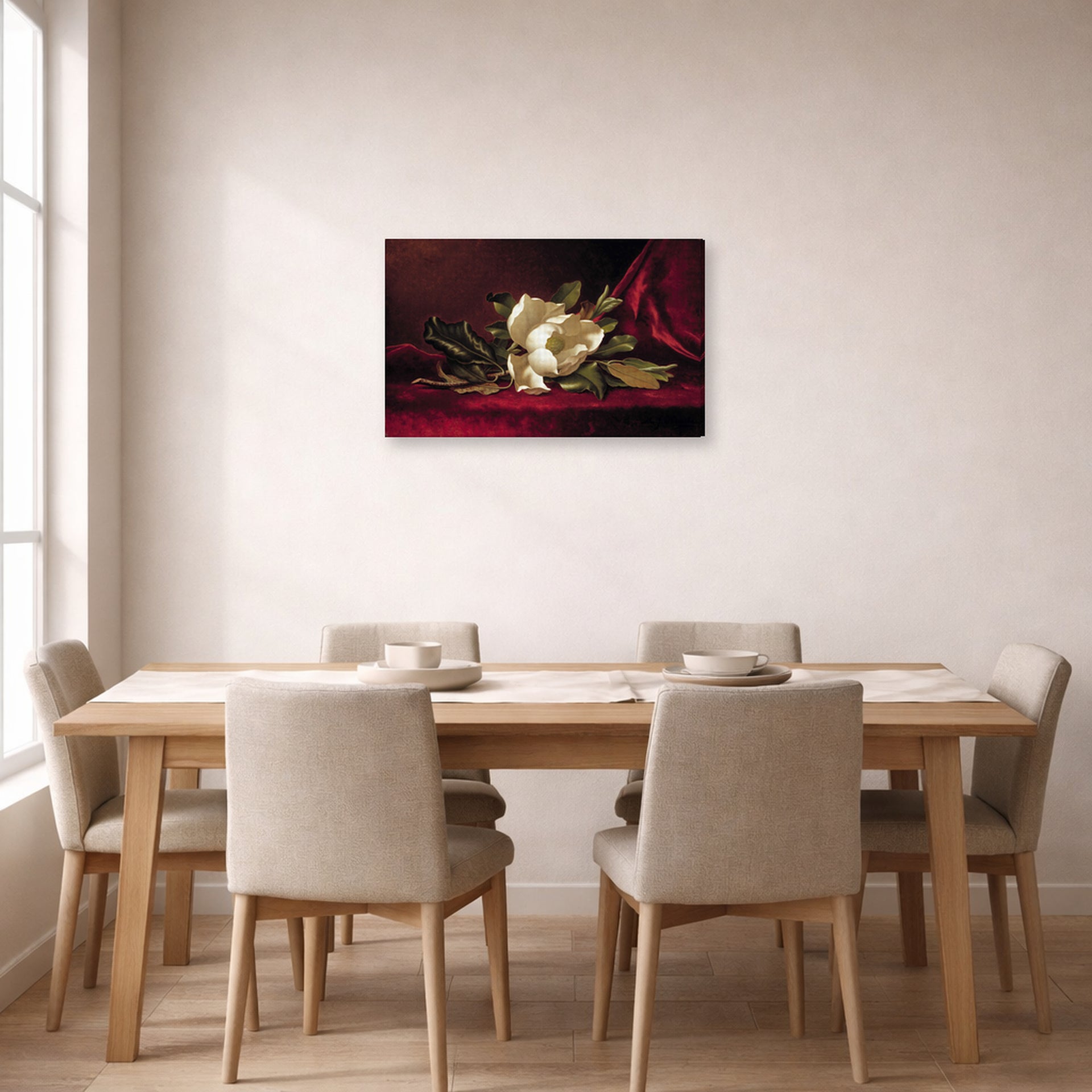 Gallery-wrapped canvas print of Martin Johnson Heade's 'The Magnolia Blossom' displayed on a wall in a dining room