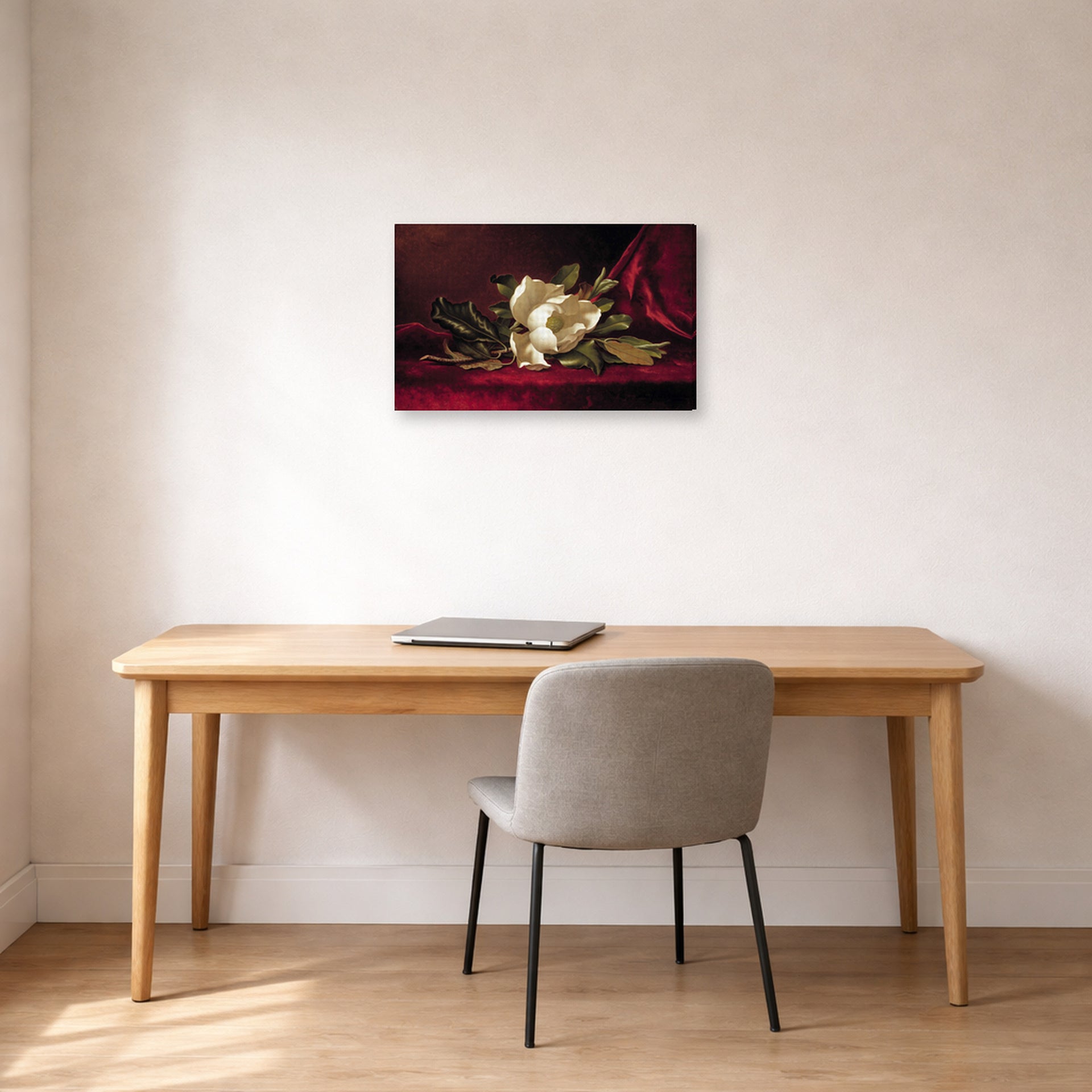 Gallery-wrapped canvas print of Martin Johnson Heade's 'The Magnolia Blossom' displayed on a wall in a office