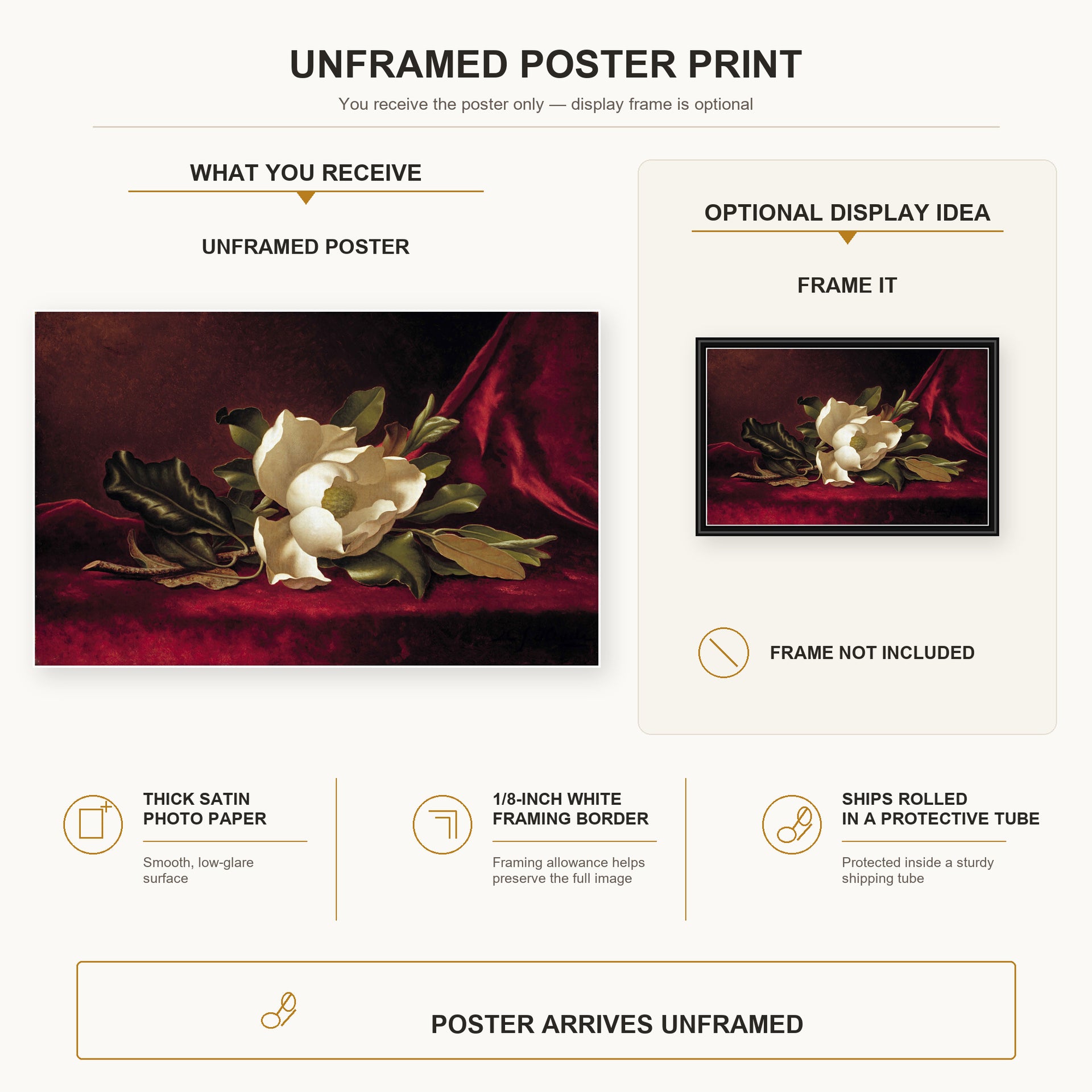 Martin Johnson Heade - The Magnolia Blossom poster print size comparison and framing display infographic