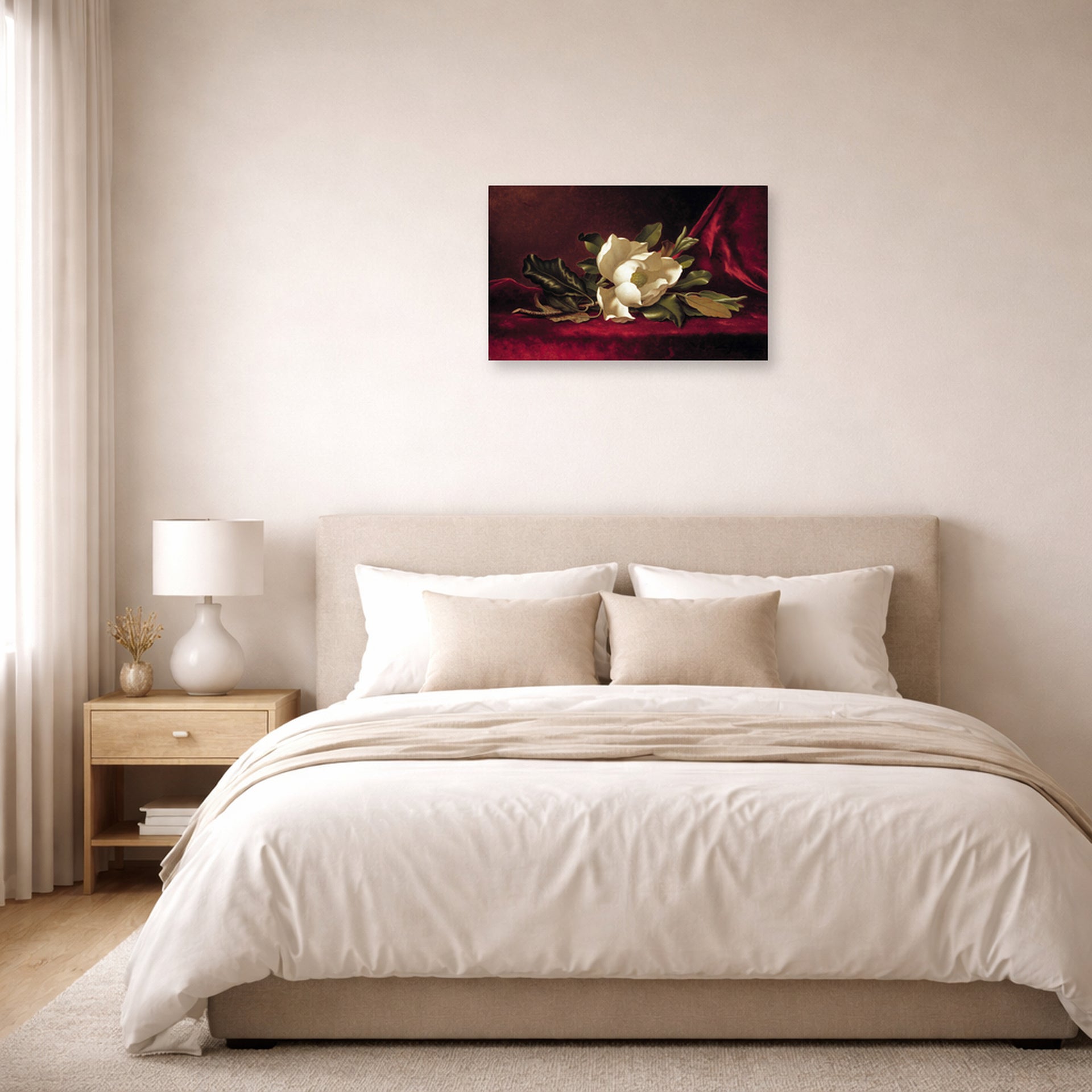Unframed poster print of Martin Johnson Heade's 'The Magnolia Blossom' displayed on a wall in a bedroom