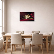 Unframed poster print of Martin Johnson Heade's 'The Magnolia Blossom' displayed on a wall in a dining room