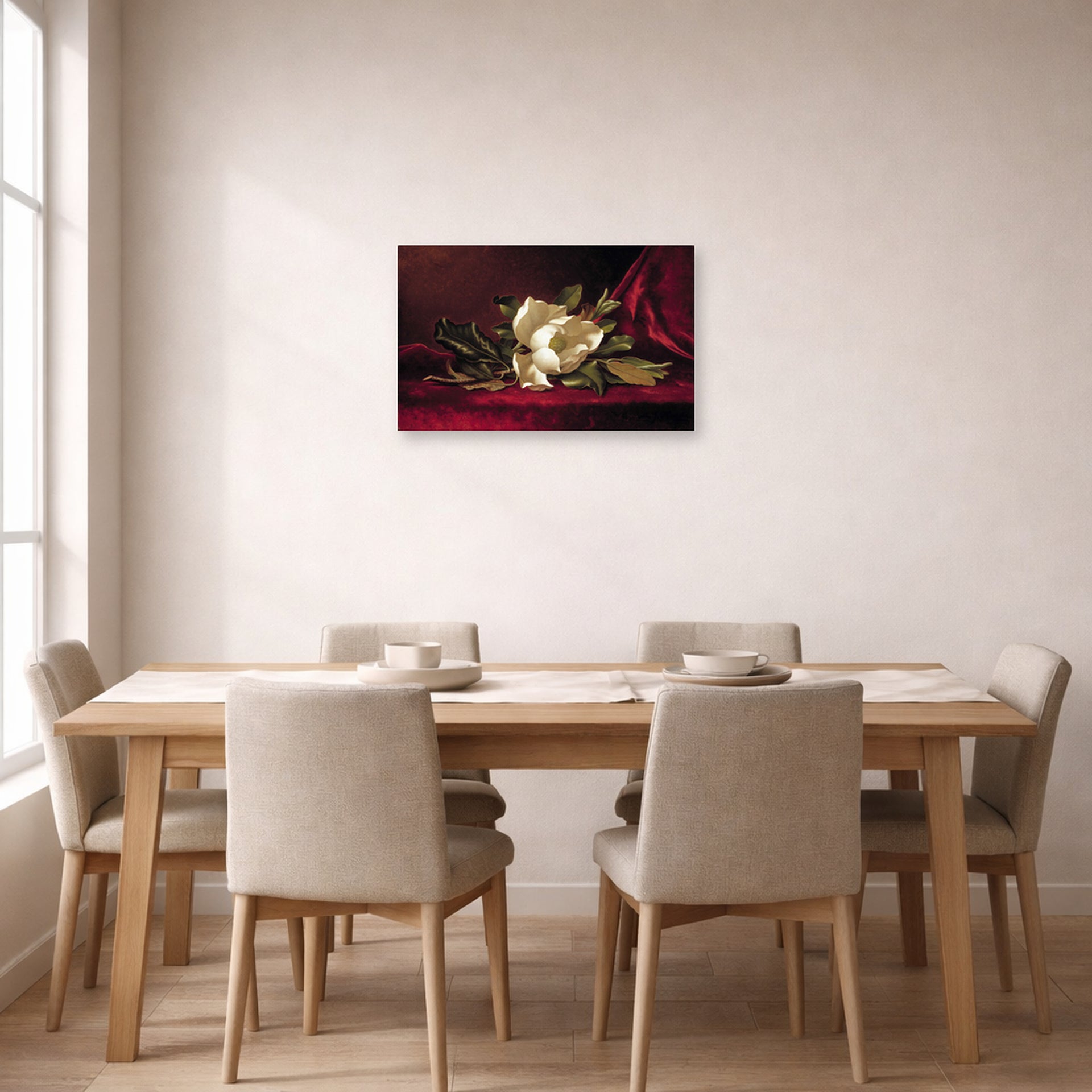 Unframed poster print of Martin Johnson Heade's 'The Magnolia Blossom' displayed on a wall in a dining room