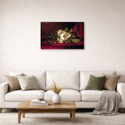 Unframed poster print of Martin Johnson Heade's 'The Magnolia Blossom' displayed on a wall in a living room