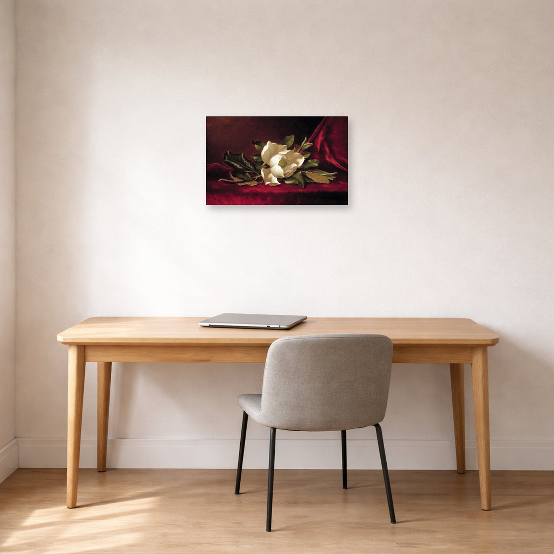 Unframed poster print of Martin Johnson Heade's 'The Magnolia Blossom' displayed on a wall in a office