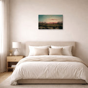 Gallery-wrapped canvas print of Martin Johnson Heade's 'The Marshes at Rhode Island' displayed on a wall in a bedroom