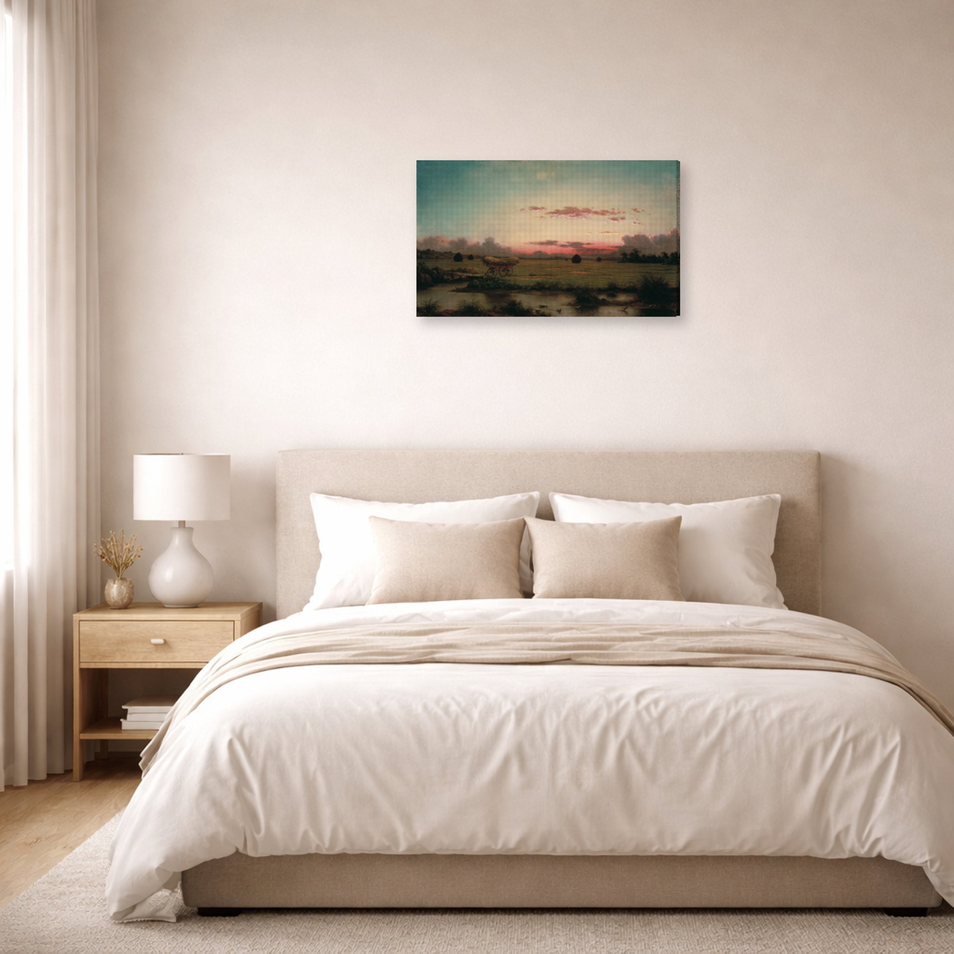 Gallery-wrapped canvas print of Martin Johnson Heade's 'The Marshes at Rhode Island' displayed on a wall in a bedroom