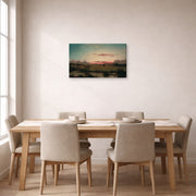 Gallery-wrapped canvas print of Martin Johnson Heade's 'The Marshes at Rhode Island' displayed on a wall in a dining room