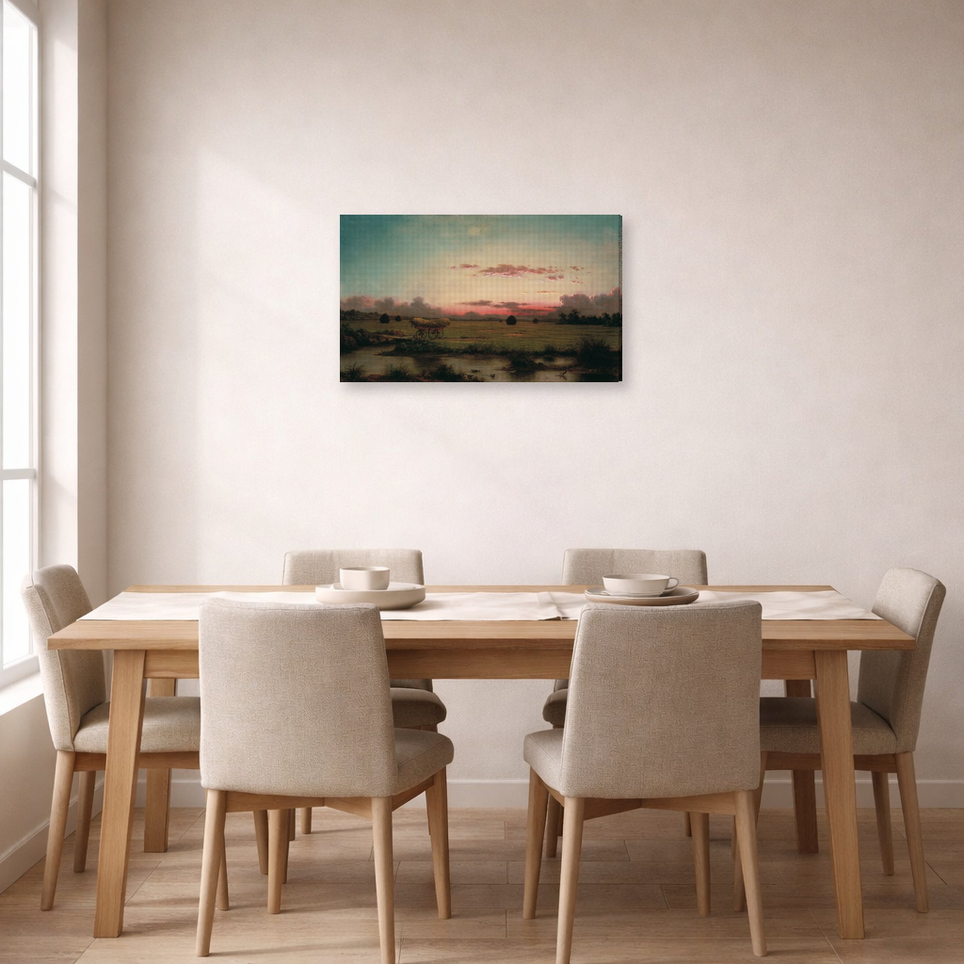 Gallery-wrapped canvas print of Martin Johnson Heade's 'The Marshes at Rhode Island' displayed on a wall in a dining room