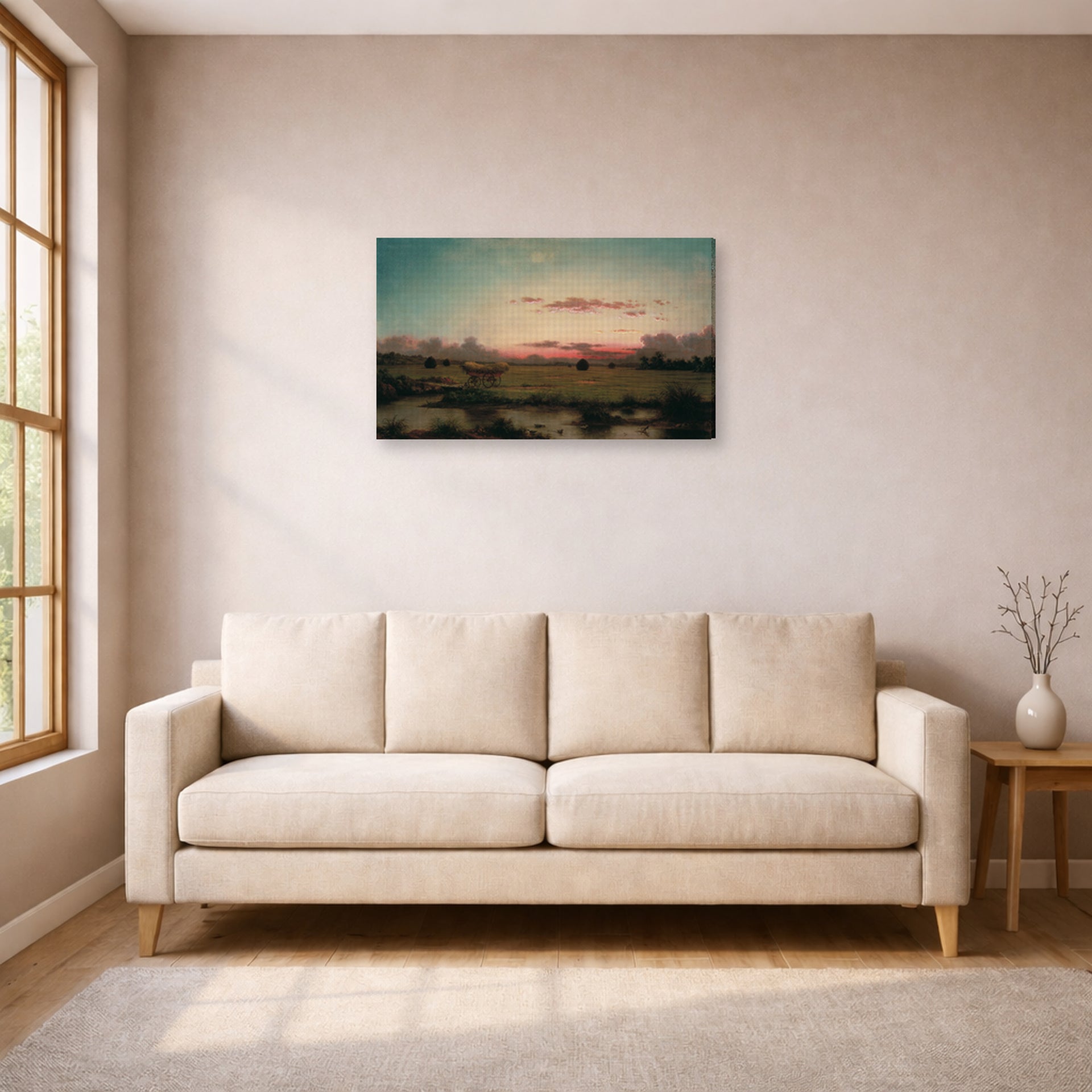 Gallery-wrapped canvas print of Martin Johnson Heade's 'The Marshes at Rhode Island' displayed on a wall in a living room
