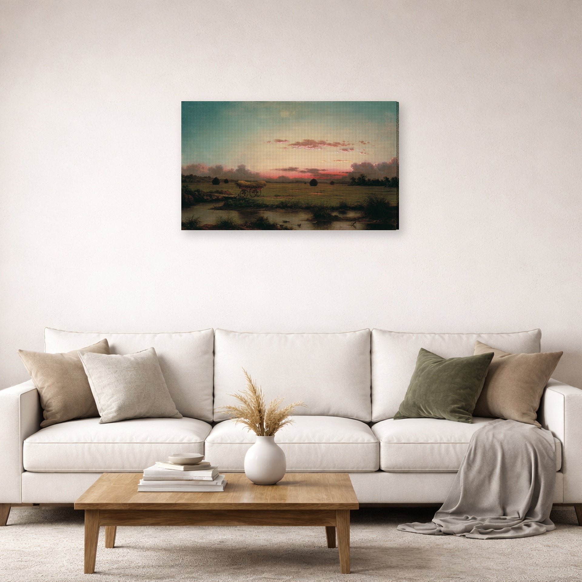 Gallery-wrapped canvas print of Martin Johnson Heade's 'The Marshes at Rhode Island' displayed on a wall in a living room