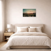 Unframed poster print of Martin Johnson Heade's 'The Marshes at Rhode Island' displayed on a wall in a bedroom