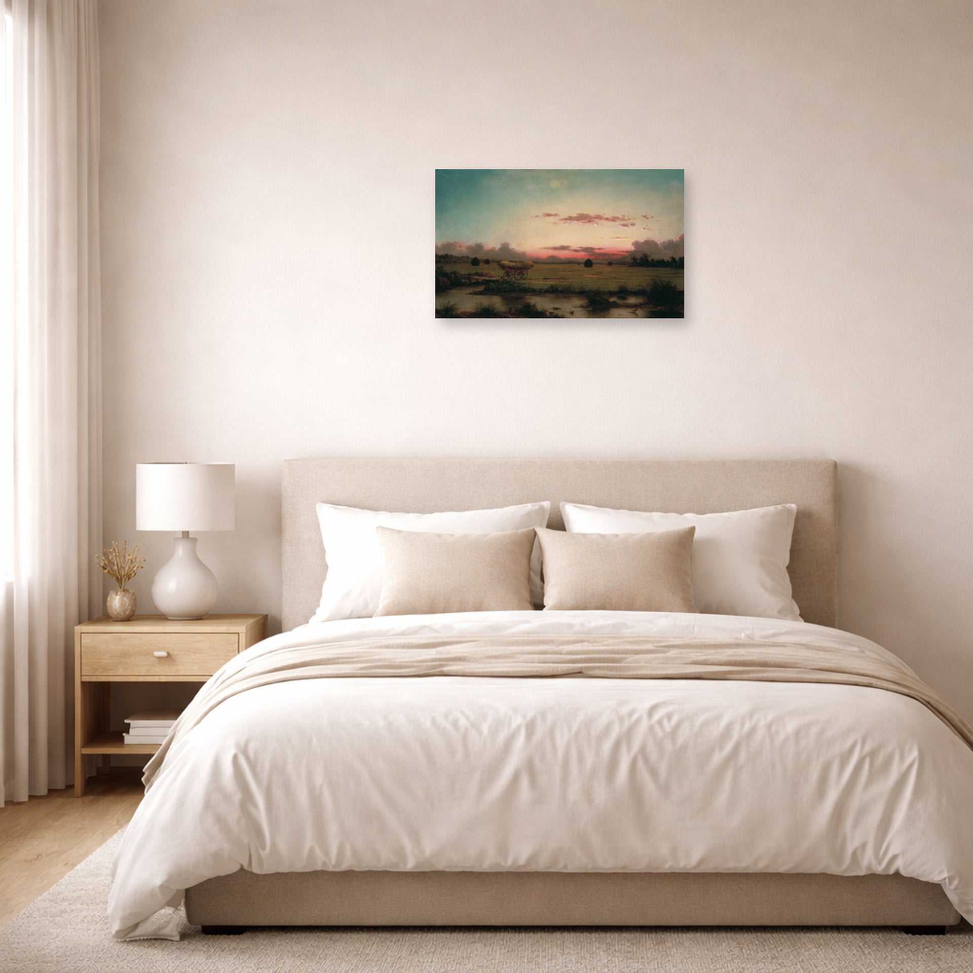 Unframed poster print of Martin Johnson Heade's 'The Marshes at Rhode Island' displayed on a wall in a bedroom