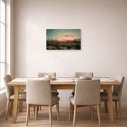 Unframed poster print of Martin Johnson Heade's 'The Marshes at Rhode Island' displayed on a wall in a dining room