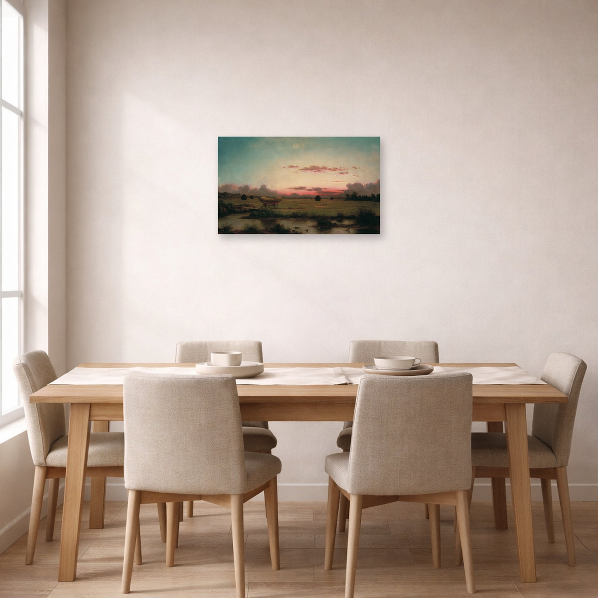 Unframed poster print of Martin Johnson Heade's 'The Marshes at Rhode Island' displayed on a wall in a dining room