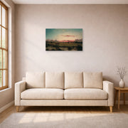 Unframed poster print of Martin Johnson Heade's 'The Marshes at Rhode Island' displayed on a wall in a living room