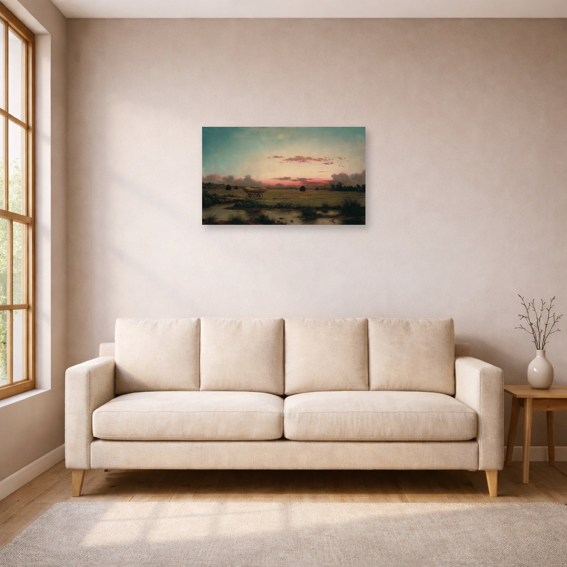 Unframed poster print of Martin Johnson Heade's 'The Marshes at Rhode Island' displayed on a wall in a living room
