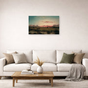 Unframed poster print of Martin Johnson Heade's 'The Marshes at Rhode Island' displayed on a wall in a living room