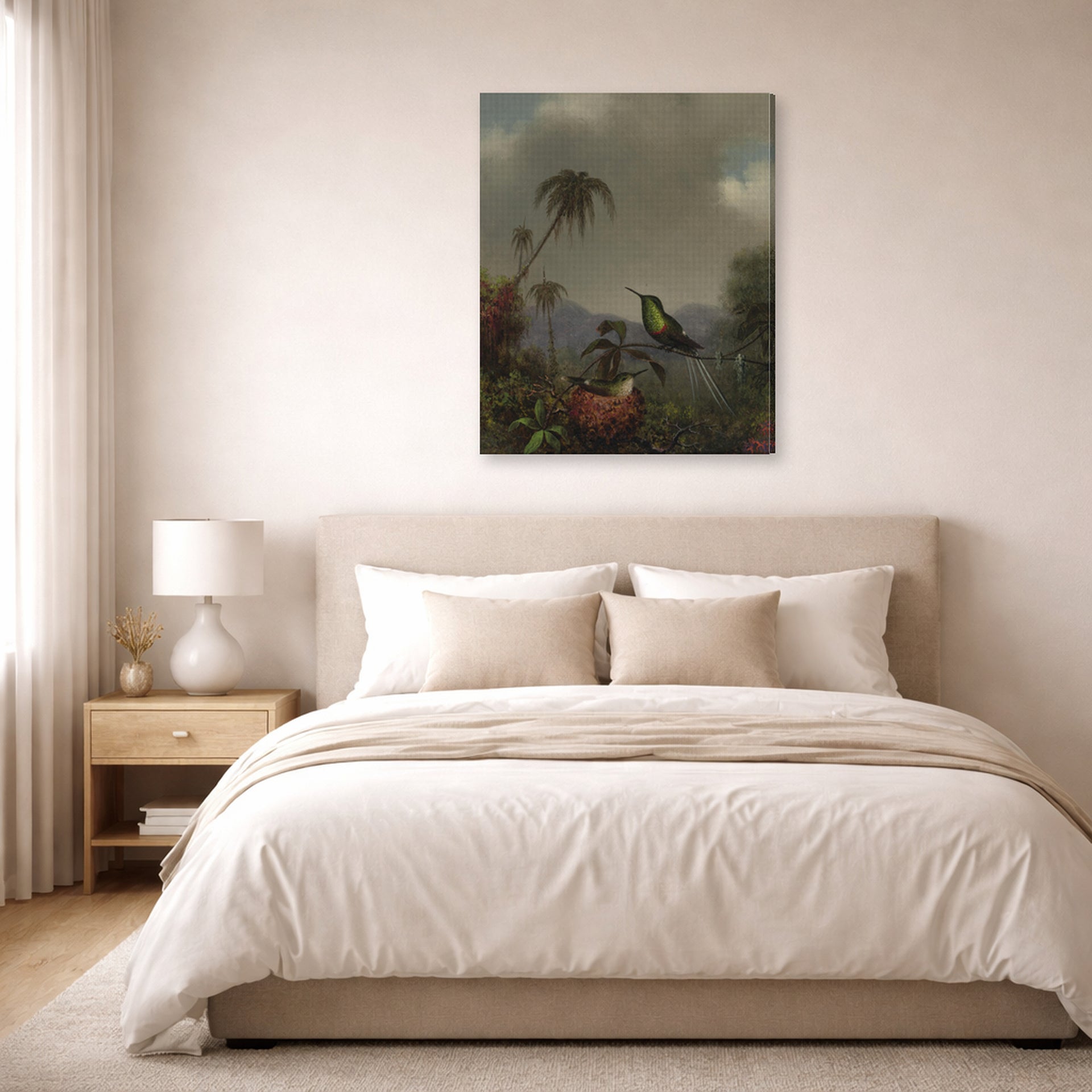 Gallery-wrapped canvas print of Martin Johnson Heade's 'Two Thorn Tails (Langsdorffs Thorn Tail Brazil)' displayed on a wall in a bedroom