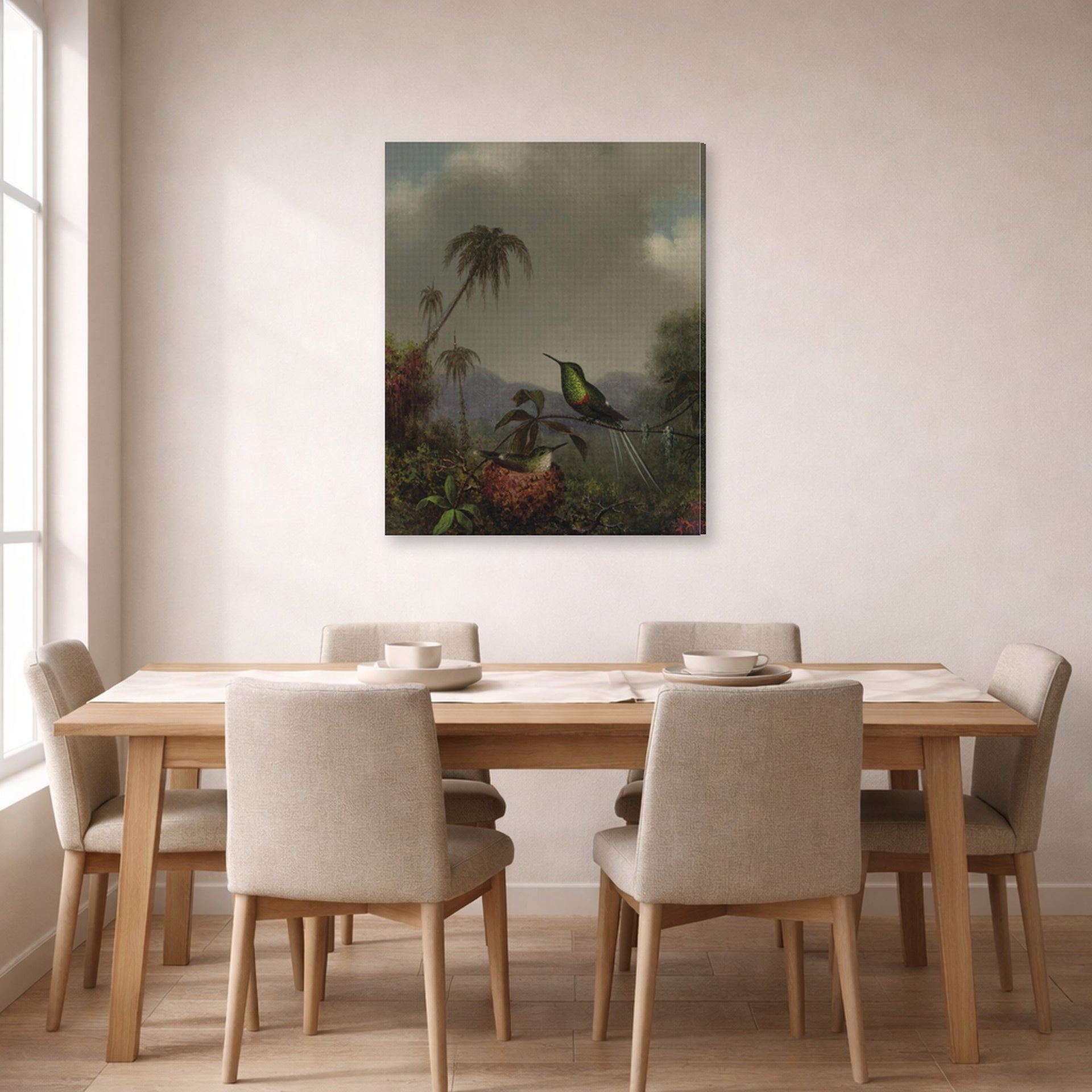 Gallery-wrapped canvas print of Martin Johnson Heade's 'Two Thorn Tails (Langsdorffs Thorn Tail Brazil)' displayed on a wall in a dining room