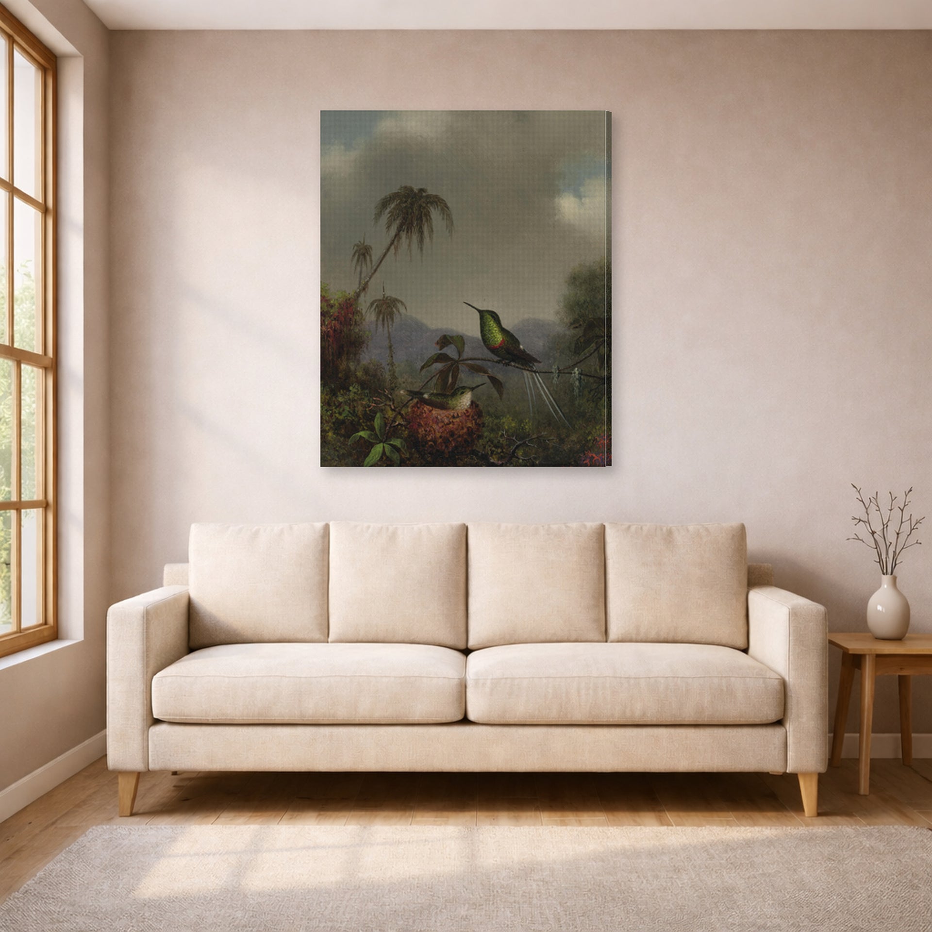 Gallery-wrapped canvas print of Martin Johnson Heade's 'Two Thorn Tails (Langsdorffs Thorn Tail Brazil)' displayed on a wall in a living room