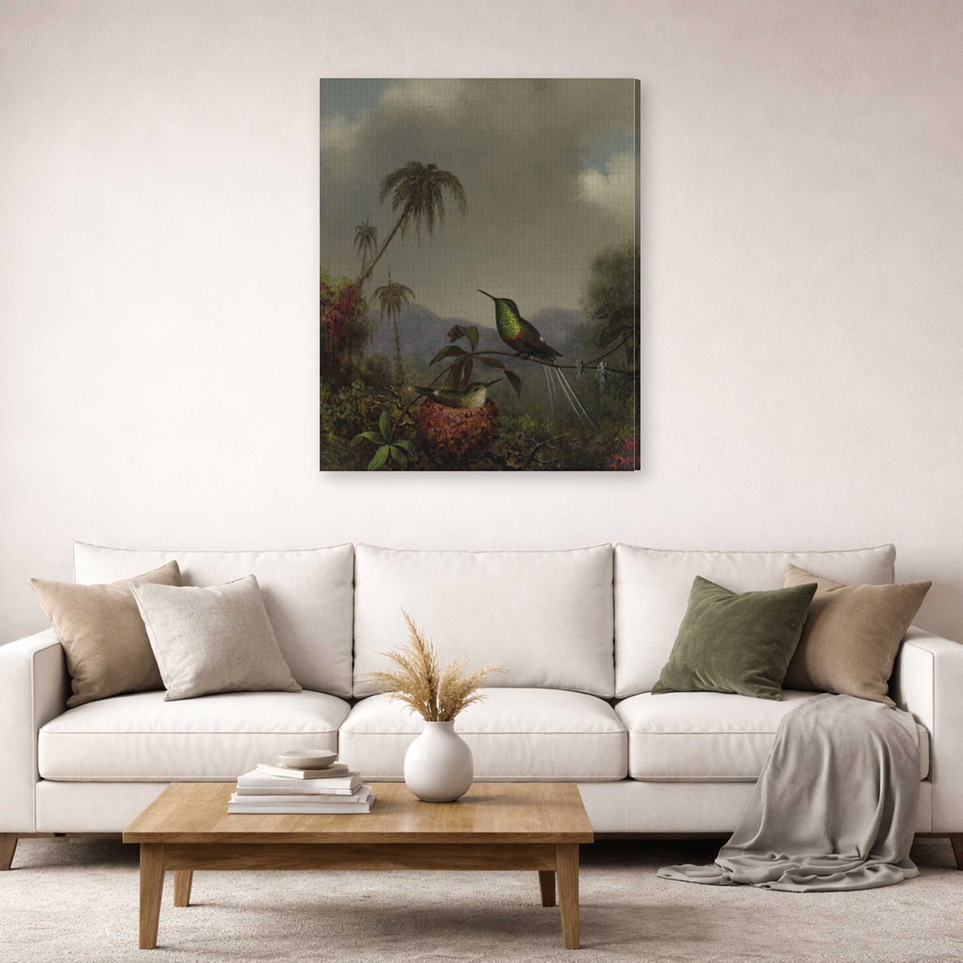 Gallery-wrapped canvas print of Martin Johnson Heade's 'Two Thorn Tails (Langsdorffs Thorn Tail Brazil)' displayed on a wall in a living room