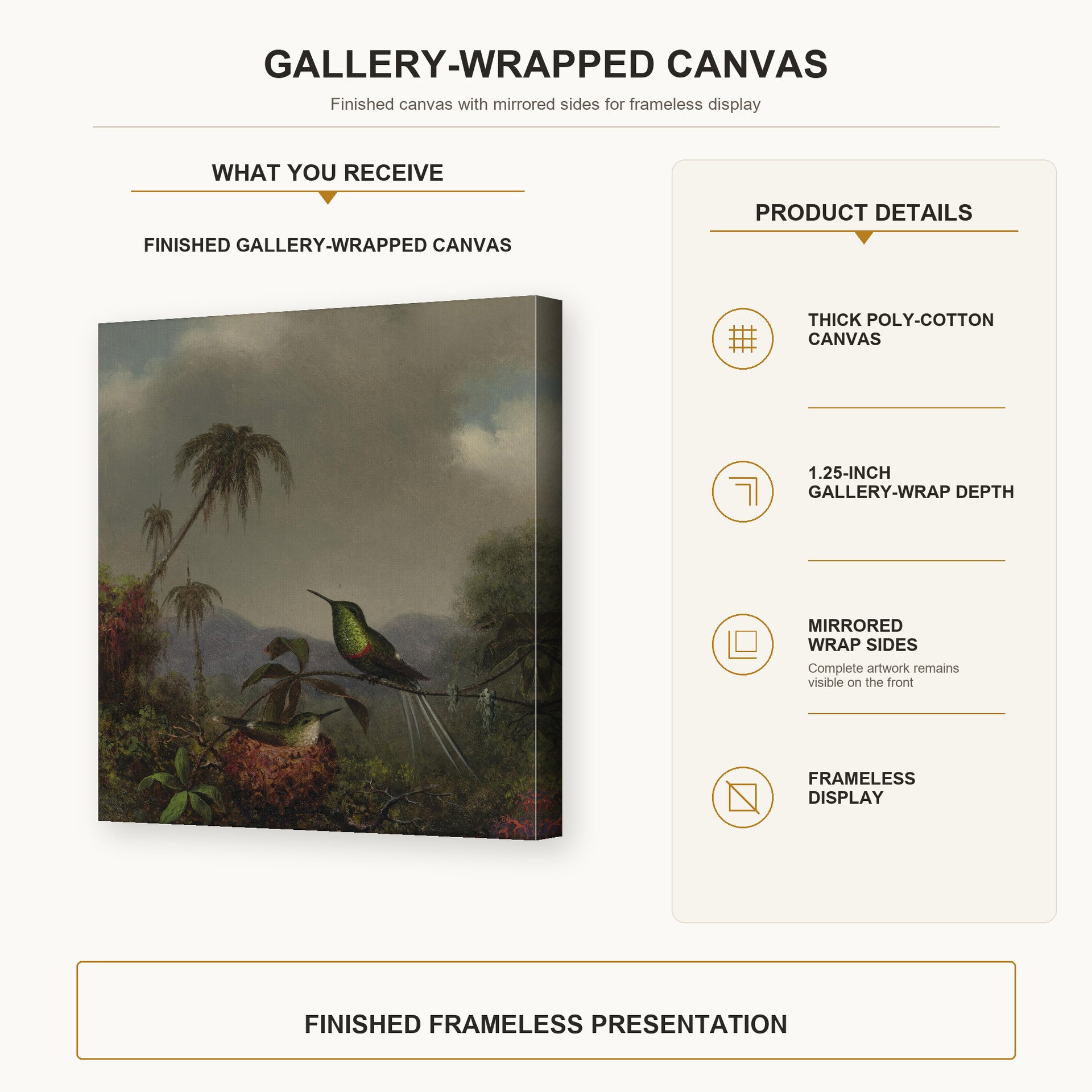 Martin Johnson Heade - Two Thorn Tails (Langsdorffs Thorn Tail Brazil) gallery wrap canvas construction and hanging details infographic