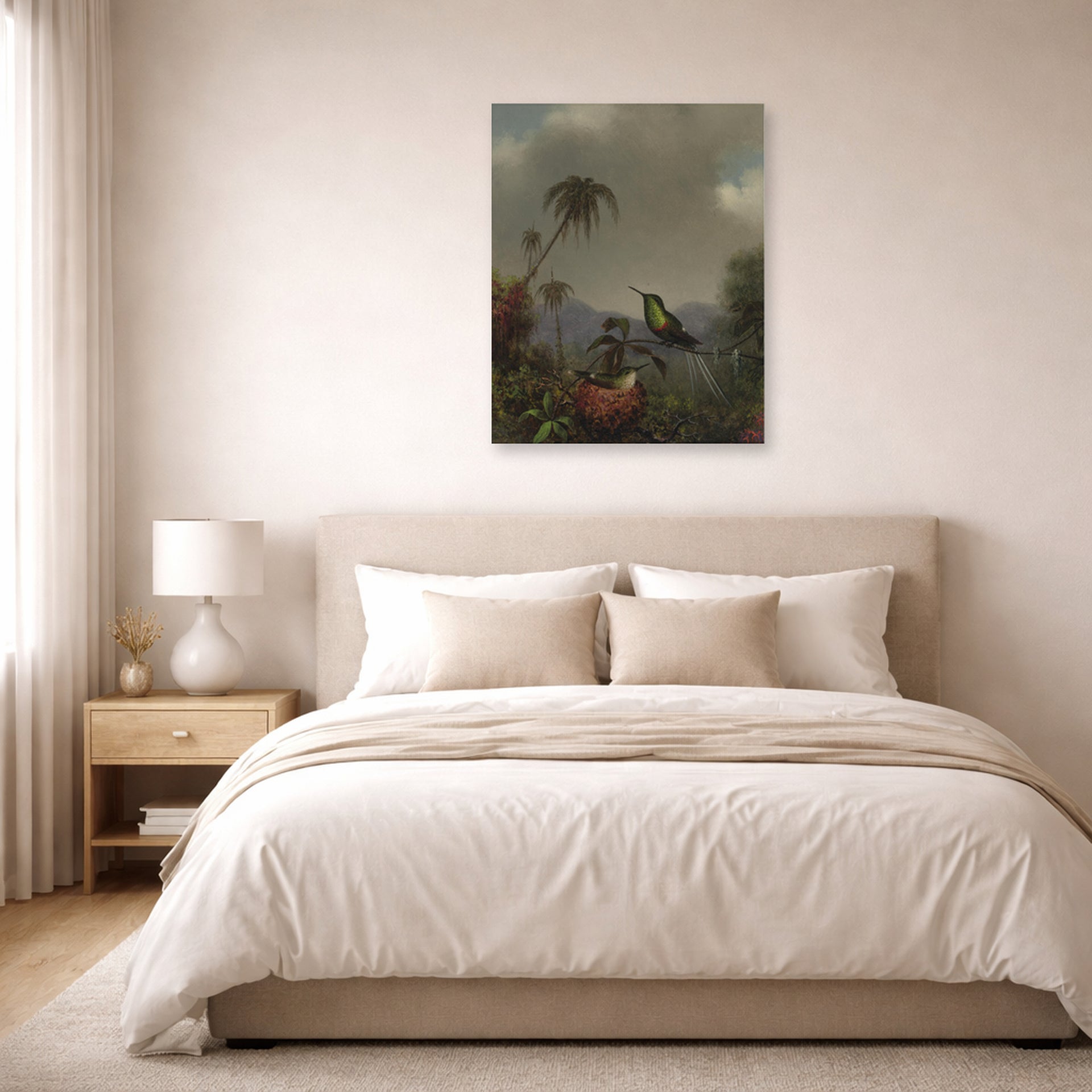Unframed poster print of Martin Johnson Heade's 'Two Thorn Tails (Langsdorffs Thorn Tail Brazil)' displayed on a wall in a bedroom