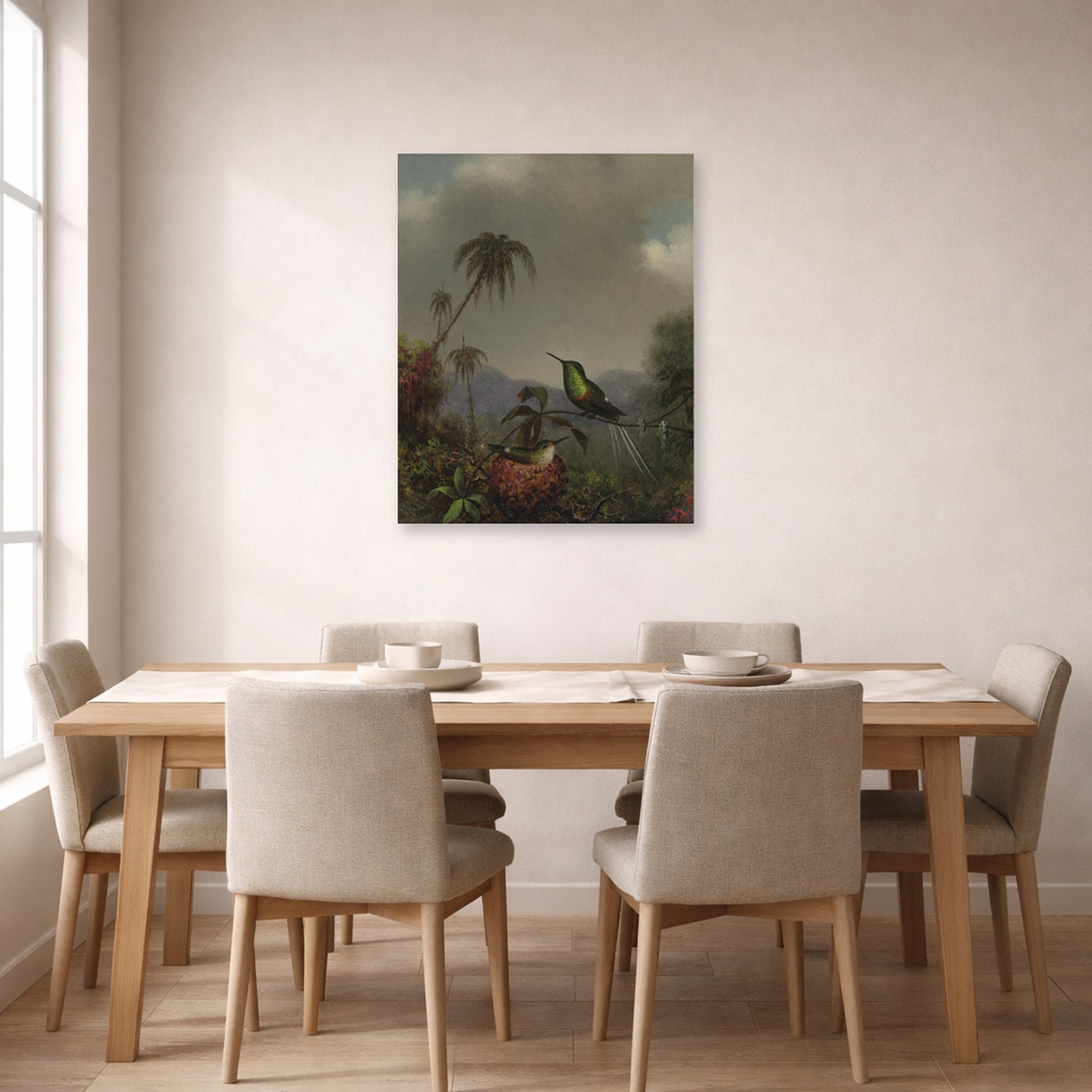 Unframed poster print of Martin Johnson Heade's 'Two Thorn Tails (Langsdorffs Thorn Tail Brazil)' displayed on a wall in a dining room