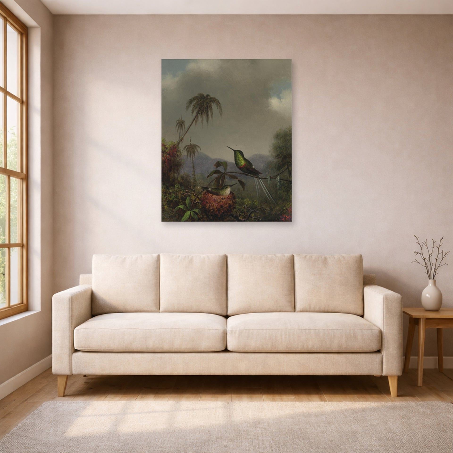Unframed poster print of Martin Johnson Heade's 'Two Thorn Tails (Langsdorffs Thorn Tail Brazil)' displayed on a wall in a living room