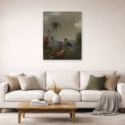 Unframed poster print of Martin Johnson Heade's 'Two Thorn Tails (Langsdorffs Thorn Tail Brazil)' displayed on a wall in a living room