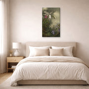 Gallery-wrapped canvas print of Martin Johnson Heade's 'White Orchid and Hummingbird' displayed on a wall in a bedroom