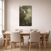 Gallery-wrapped canvas print of Martin Johnson Heade's 'White Orchid and Hummingbird' displayed on a wall in a dining room