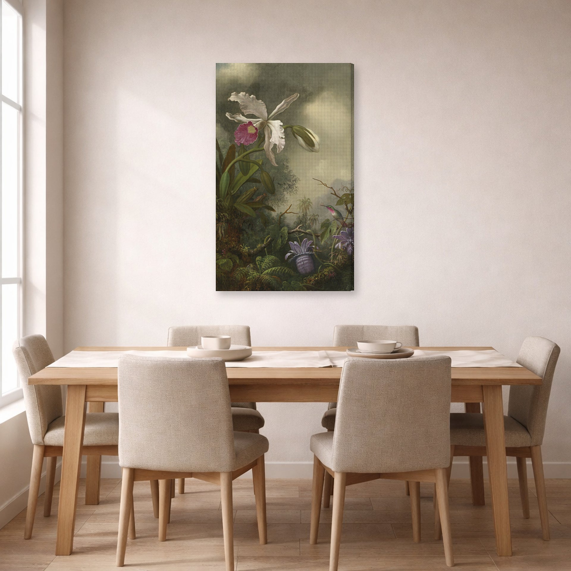 Gallery-wrapped canvas print of Martin Johnson Heade's 'White Orchid and Hummingbird' displayed on a wall in a dining room