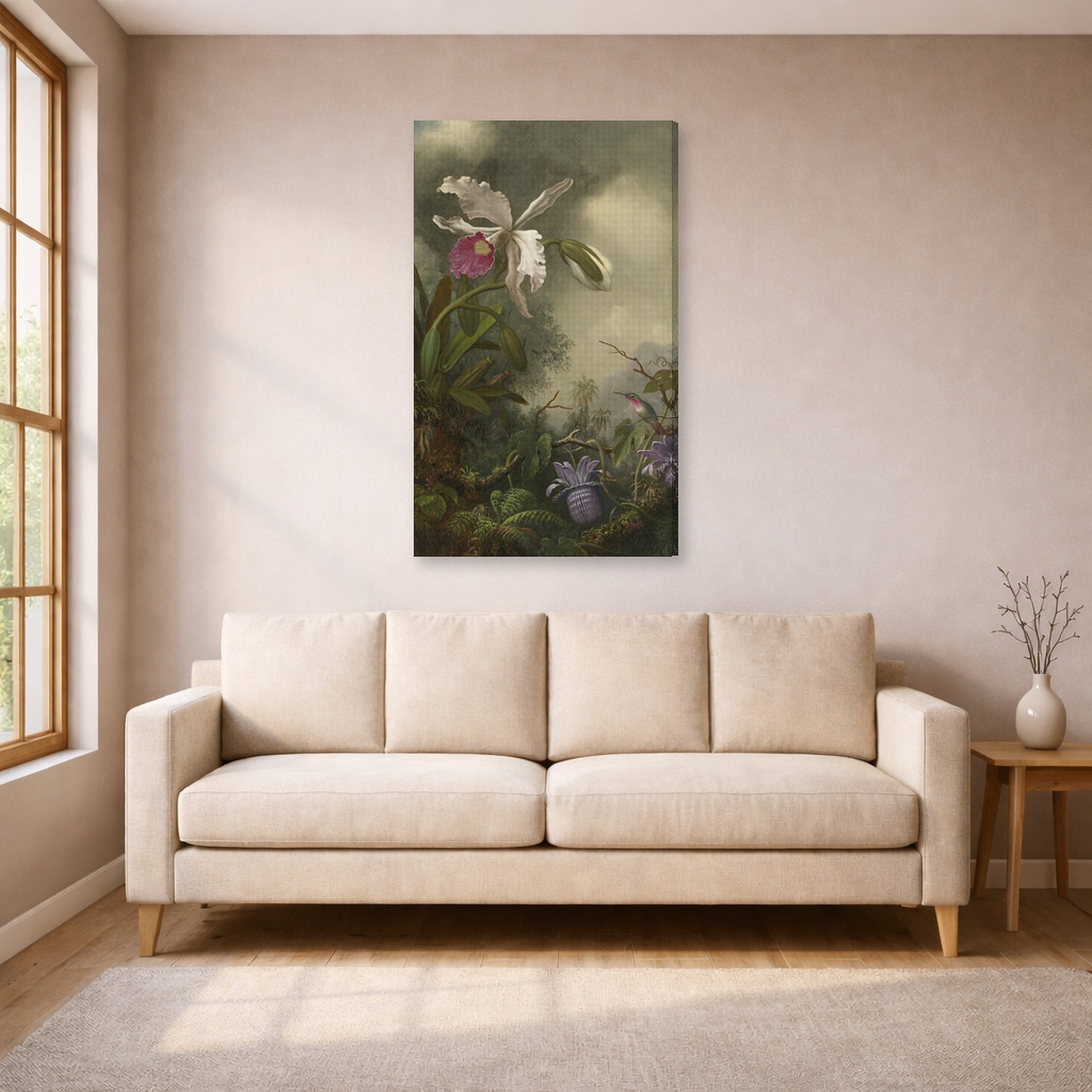 Gallery-wrapped canvas print of Martin Johnson Heade's 'White Orchid and Hummingbird' displayed on a wall in a living room