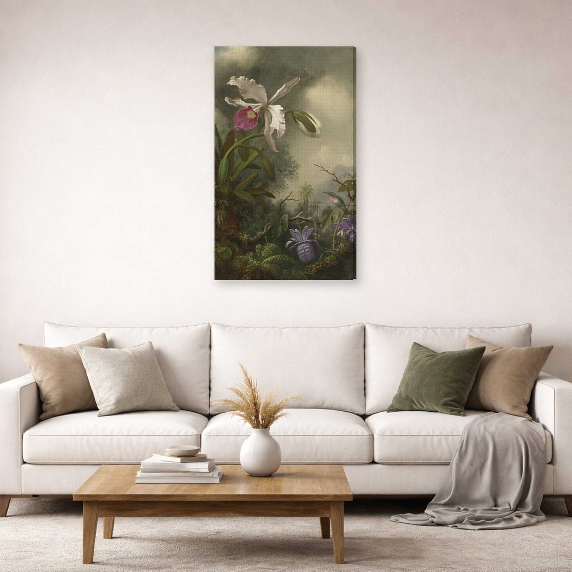 Gallery-wrapped canvas print of Martin Johnson Heade's 'White Orchid and Hummingbird' displayed on a wall in a living room