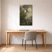 Gallery-wrapped canvas print of Martin Johnson Heade's 'White Orchid and Hummingbird' displayed on a wall in a office