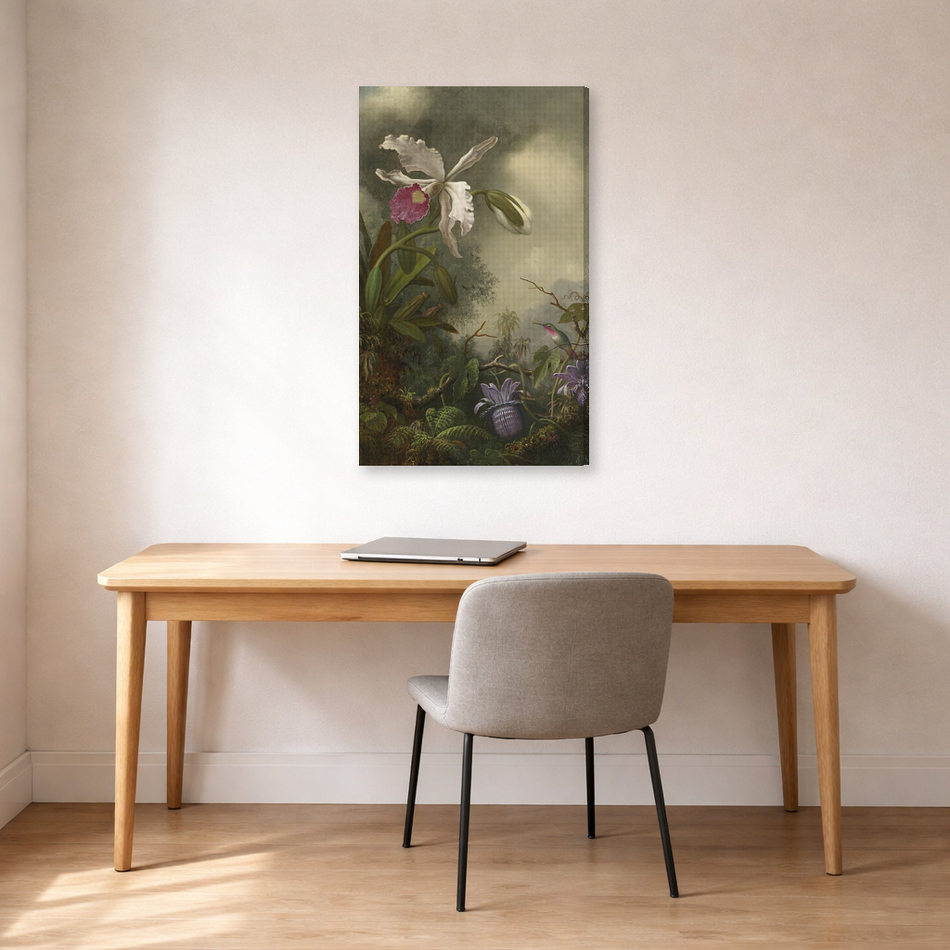 Gallery-wrapped canvas print of Martin Johnson Heade's 'White Orchid and Hummingbird' displayed on a wall in a office