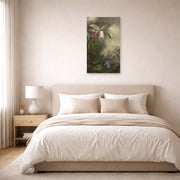Unframed poster print of Martin Johnson Heade's 'White Orchid and Hummingbird' displayed on a wall in a bedroom