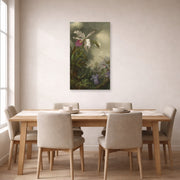 Unframed poster print of Martin Johnson Heade's 'White Orchid and Hummingbird' displayed on a wall in a dining room