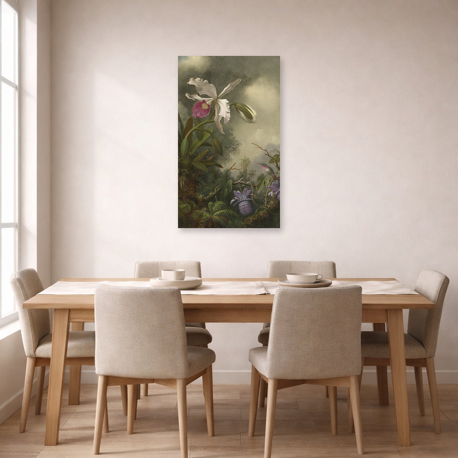 Unframed poster print of Martin Johnson Heade's 'White Orchid and Hummingbird' displayed on a wall in a dining room