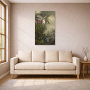Unframed poster print of Martin Johnson Heade's 'White Orchid and Hummingbird' displayed on a wall in a living room